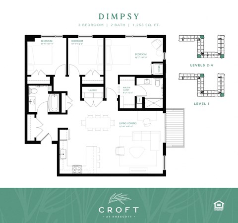 Floor plan for 3 beds, 2 baths, 1253 sqft